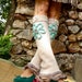 Reserved-do not buy HIPPIE Beige LEG Warmers turquoise Boho FLOWER Cream leg warmers draw string Turtle buttons upcycled unique