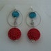 Red Dangle Cinnabar Earrings Silver Tone Wire Hoop Turquoise Howlite Pewter Beads Holiday Oriental Asian Modern Fashionable Style Mom Gift