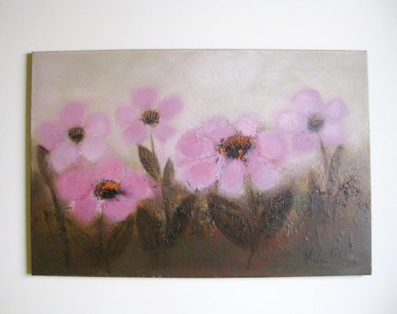 36"x24" HOT  Pink Flowers,  Original oil on canvas, large oil painitng for kids room, children rooms decor