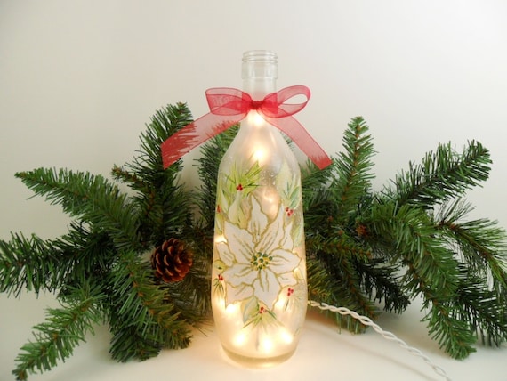 Lighted Frosted Wine Bottle White Poinsettia by PaintingByElaine