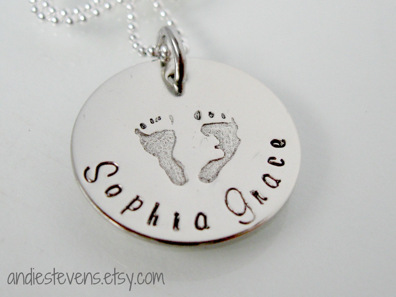 Baby Feet Name Personalized Hand Stamped Necklace Sterling