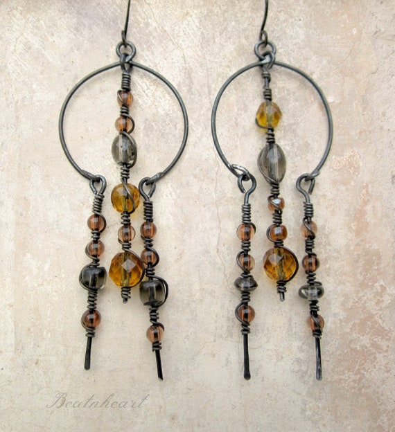 Doorway out of the dark.  Springtime golden yellow dangle earrings primitive tribal modern