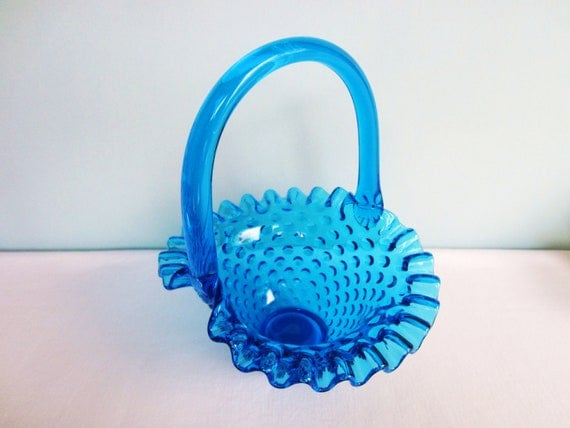 Fenton Cobalt Blue Hobnail Glass Basket with by AmeliaRoseVintage