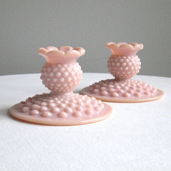 Pink Hobnail Milk Glass Candlesticks by Fenton Pair 1950s