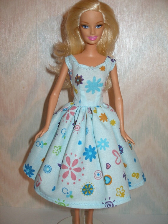 Handmade Barbie clothes blue print dress by TheDesigningRose