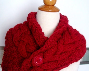 Chunky Cowl Scarf Neck Warmer Handknit Cranberry Red Cabled in Alpaca and Merino