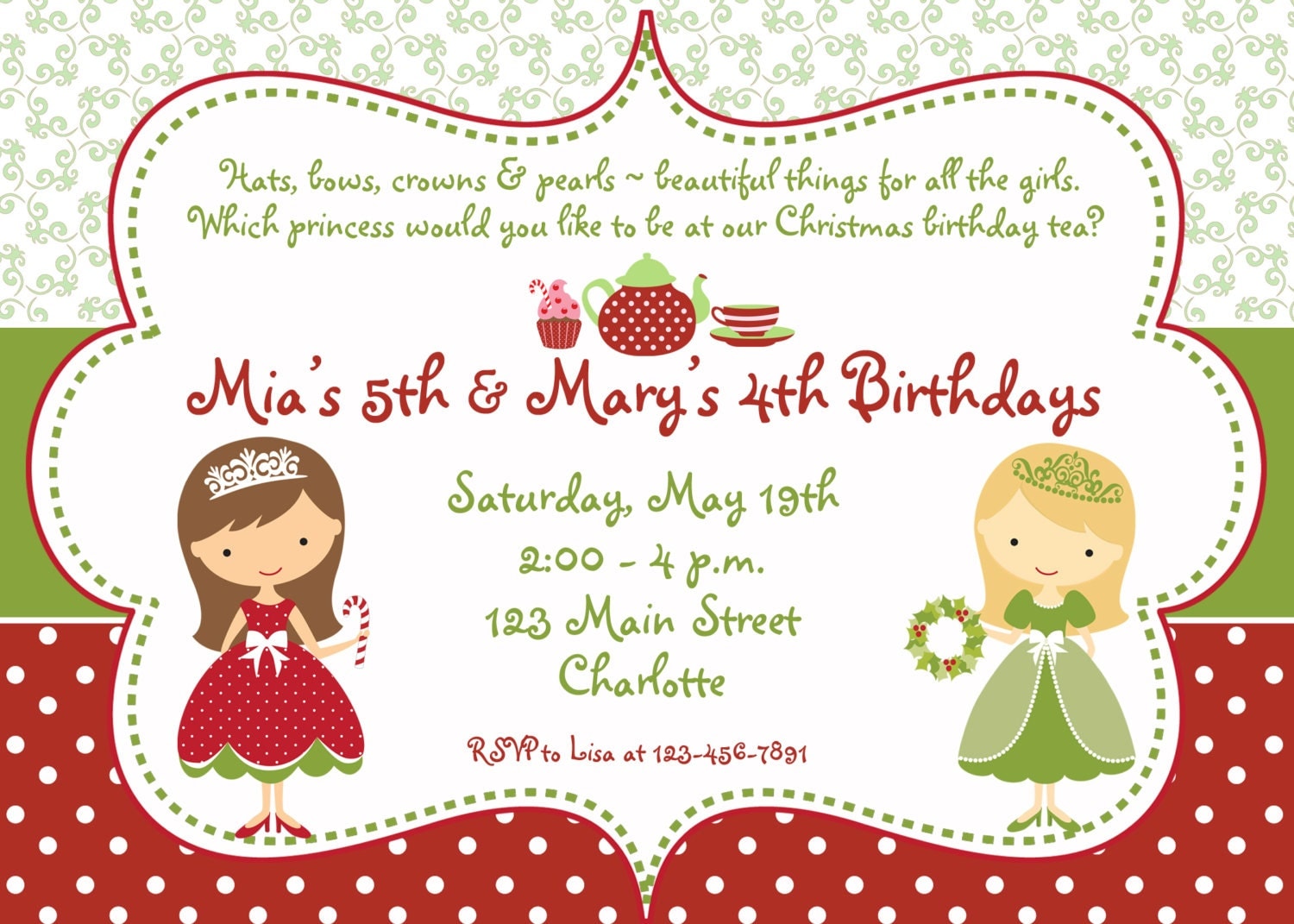 Princess Tea Party Christmas birthday party invitation