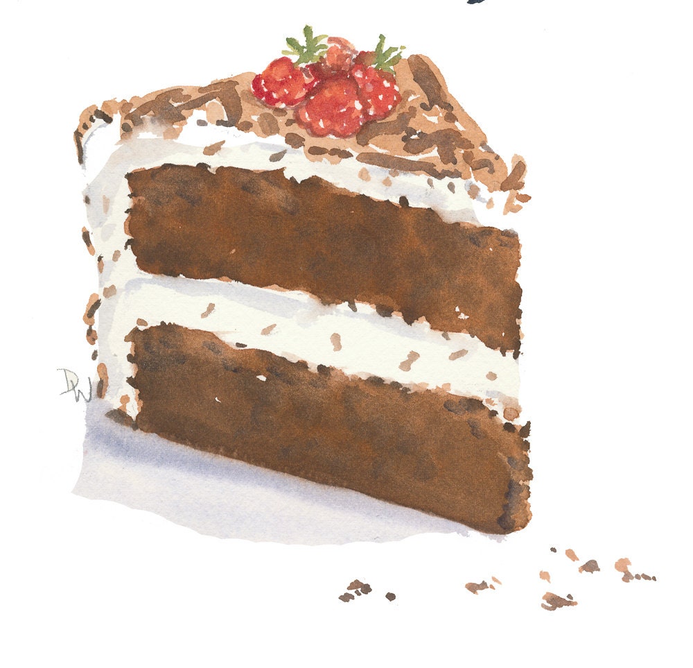 Cake Watercolor Original Painting Kitchen Art Chocolate