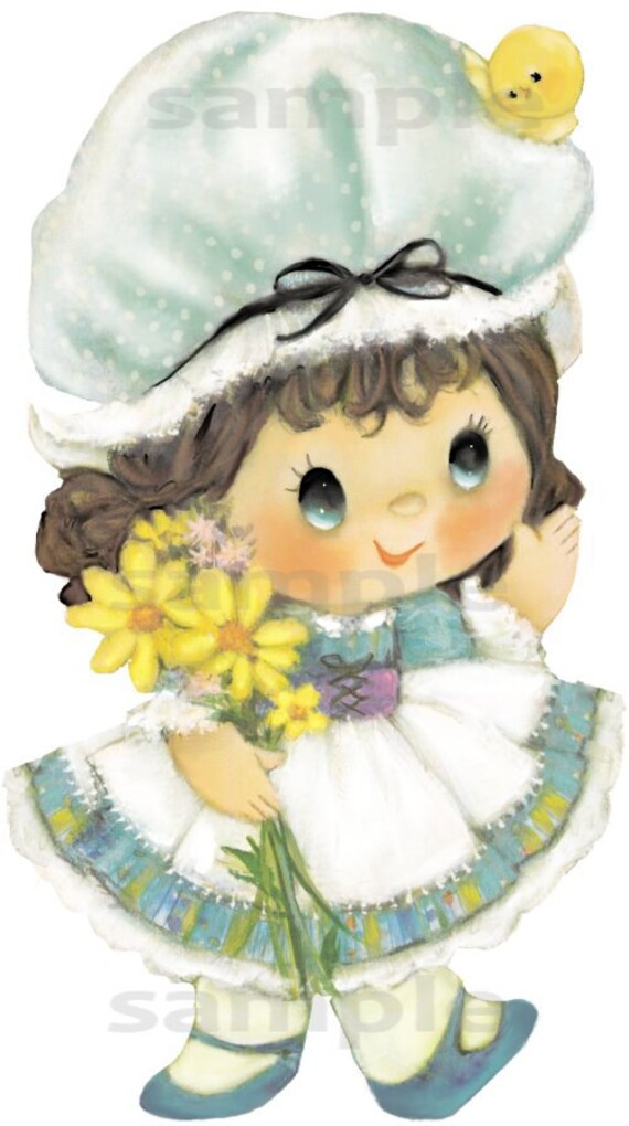 Digital vintage little girl with Daisies Printable download