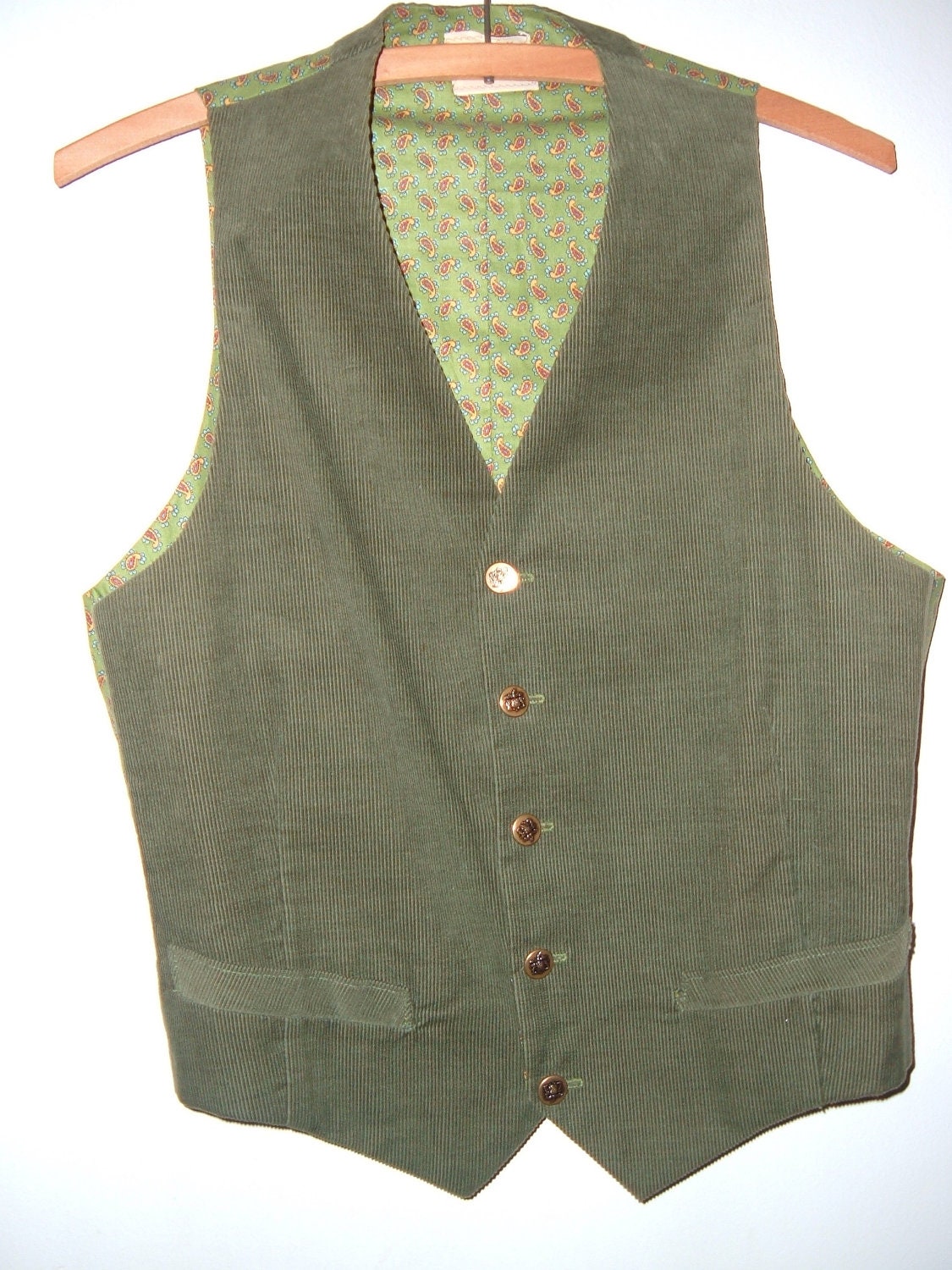 1970's Men's Vest Olive Green Corduroy