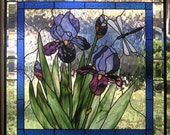 Purple Iris with Buds-- 28 3/4" x  28 3/4"--Stained Glass Panel