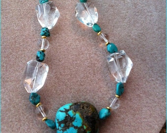 Chunky Rock Crystal and Turquoise Nuggets Necklace