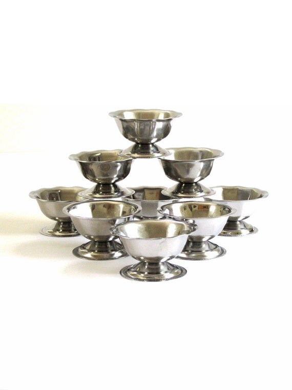 9 Vintage Ice Cream Parlor Footed Cups Bowls Stainless Steel