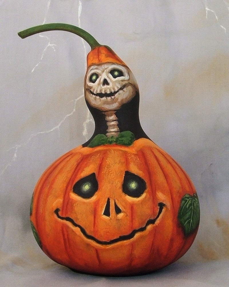 Happy Haunting skull pumpkin gourd hand painted Halloween