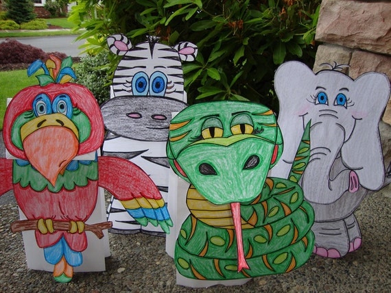 Parrot, Zebra, Viper Snake, and Elephant Paper Puppet Set of 4
