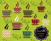 Coffee Clip Art Christmas clipart Instant Download Digital Scrapbooking Coffee red green vintage coffee Patterned Coffee Cups Steaming cups Il_170x135