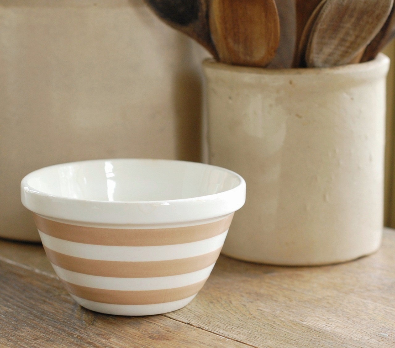 Vintage English Pudding Bowl Neutral Taupe Stripes Made in