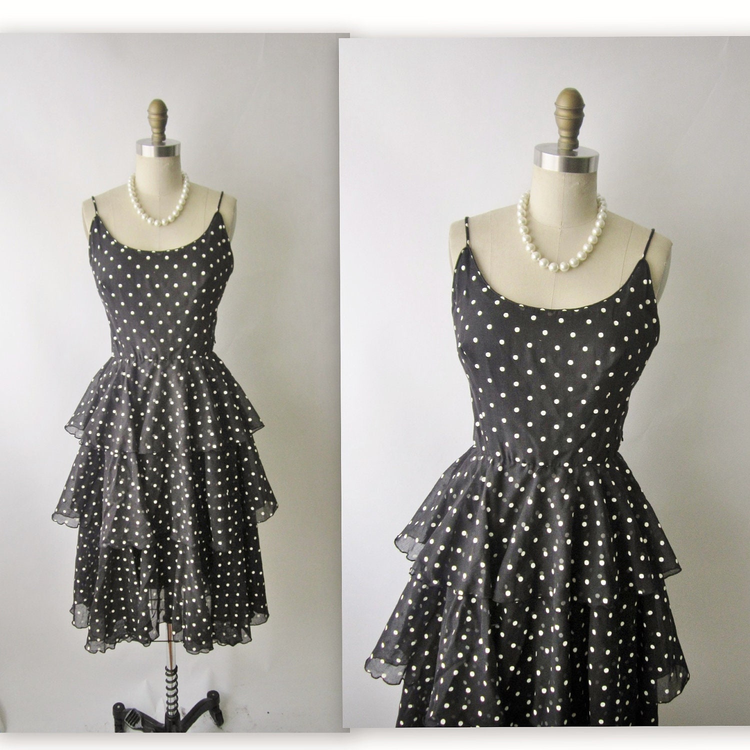 60's Polka Dot Dress // Vintage 1960's Black Dotted