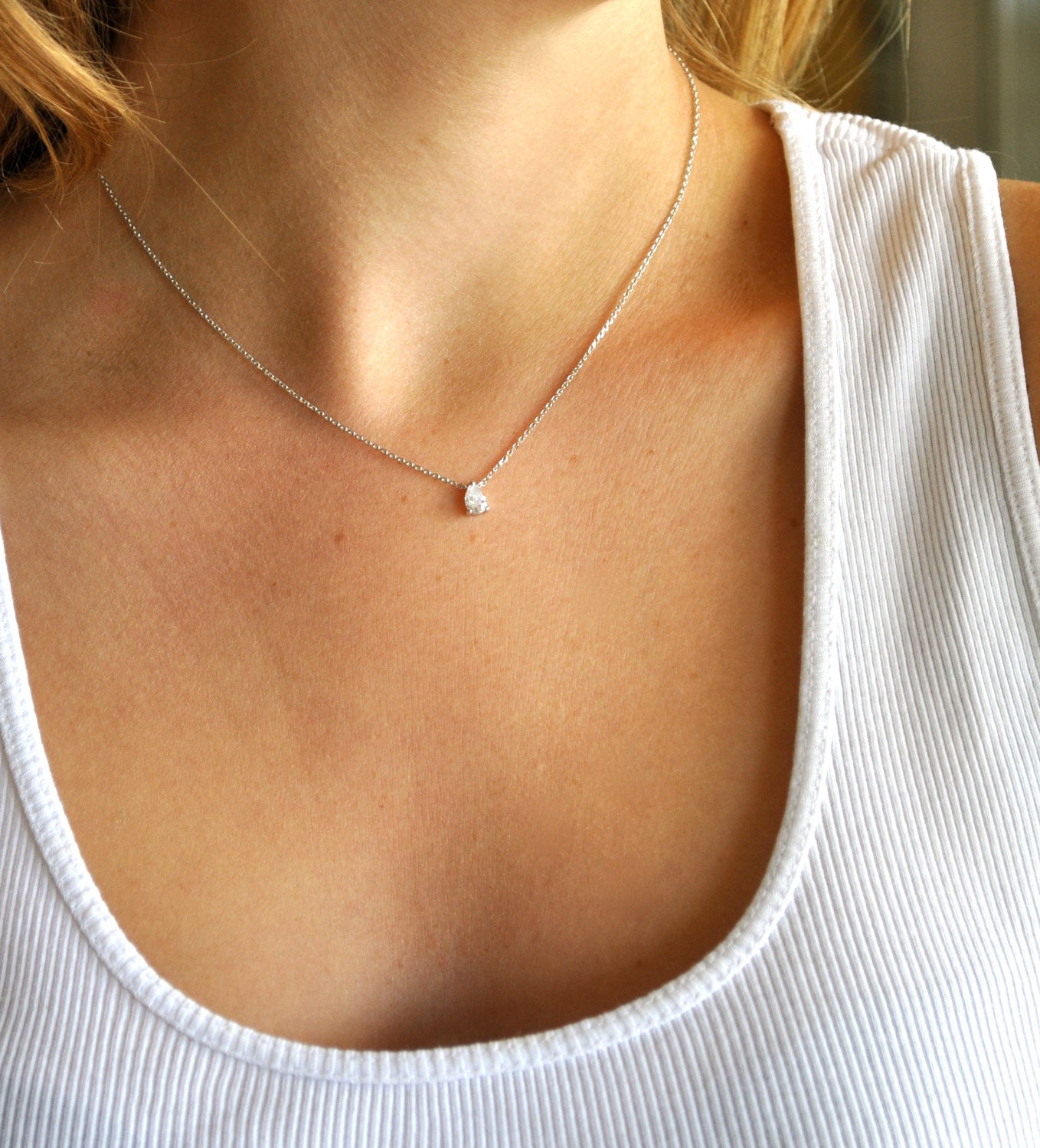 Small Silver Diamond Drop Necklace
