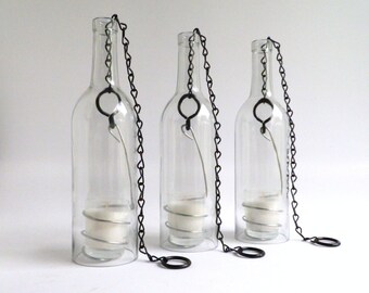 Three Clear Glass Wine Bottle Candle Holder Hanging Hurricane Lanterns