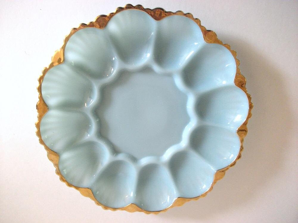 Vintage Egg Platter Blue Milk Glass