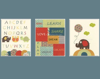 Nursery Art Print, Kids Wall Art, Word Wall Art, Alpahbet Wall Art // Elephant Owl Turtle // Colors Red Brown Teal // Set of 3 8x10 Prints