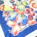 Retro Printed Tablecloth, Mid Century, Ripe Plums in Blue Red & Green, Royal Blue Border, Water Color, Excellent Condition