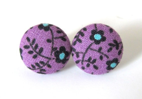 Purple stud earrings black blue flowers girly funky by KooKooCraft
