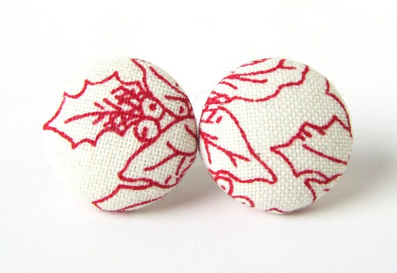 Red white button earrings studs christmas holidays by KooKooCraft