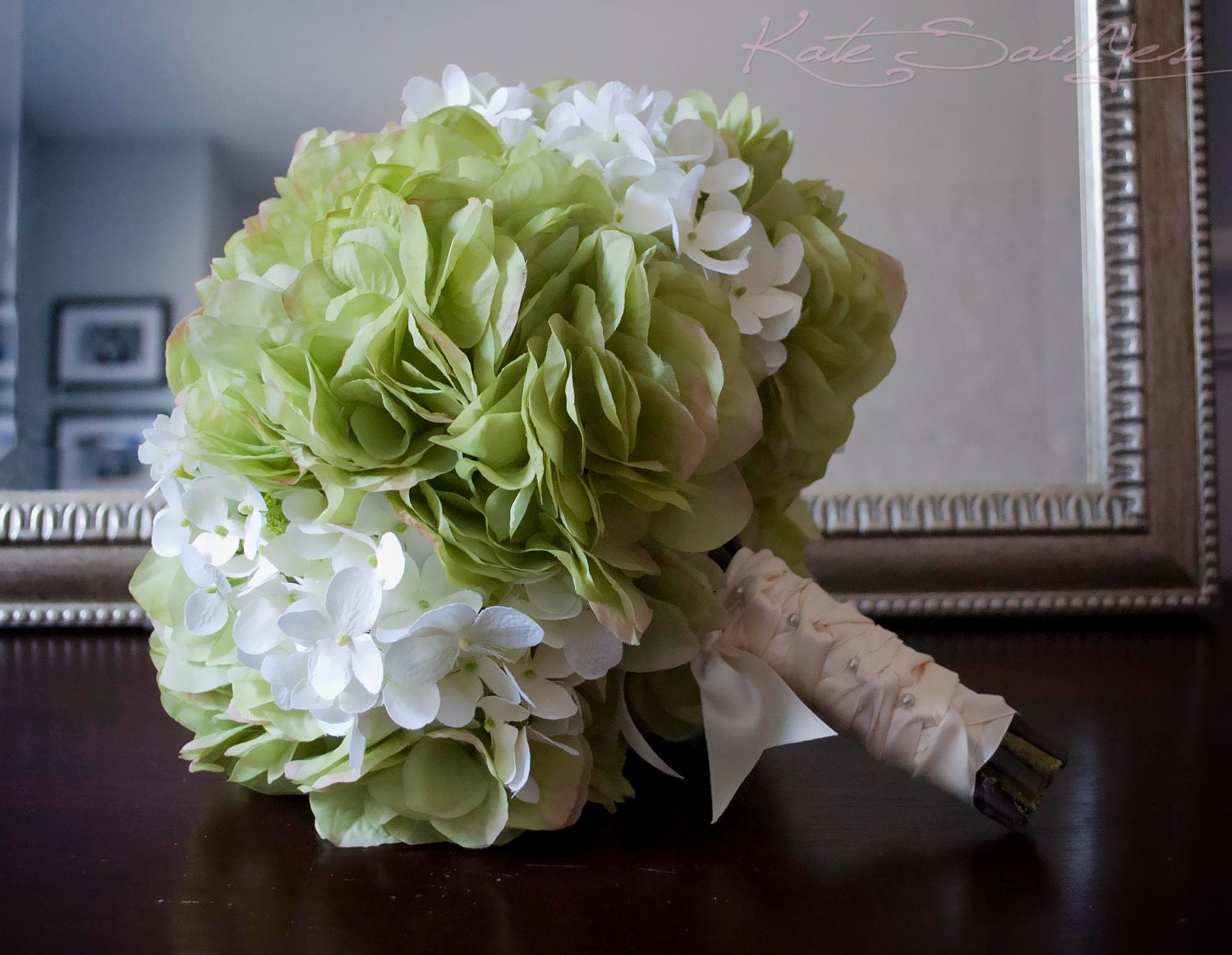 Wedding Bouquet Green and White Hydrangea Bridal by KateSaidYes