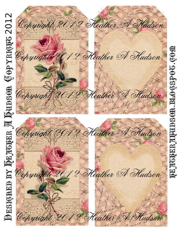 Pink Shabby Vintage  Roses Digital Collage tags