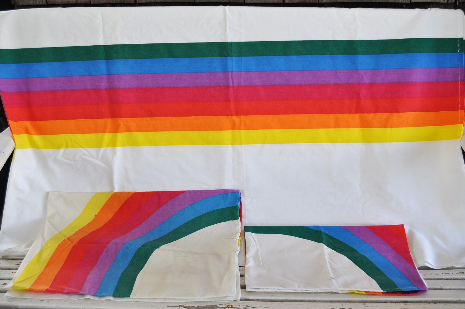 70s Rainbow Vintage Bed Linens Twin Flat Sheet and Two