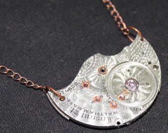 Beautiful Steampunk Inspired Necklace with Guilloche Engraved Pocket Watch Plate Pendant