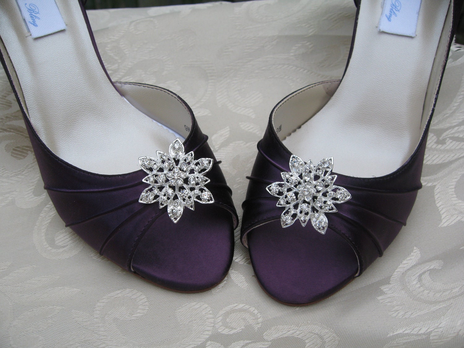 Purple Eggplant Bridal Shoes with Crystal Rhinestone Flower