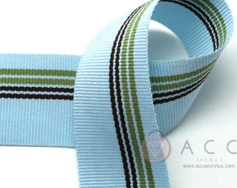 25mm(1'') Sky Khaki/Brown Patch Stripe Grosgrain Ribbon 2Yards