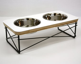 Modern Pet Feeder - Dog Bowl or Cat Bowl Elevated Feeder Mid Century Modern Design Eames Inspired in White Color