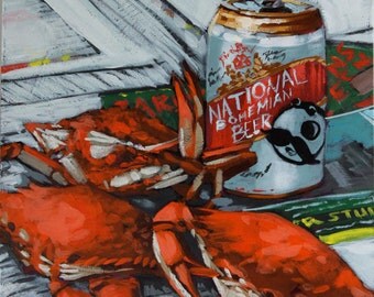Crabs and National Bohemian - 8 x 8 Giclee Print