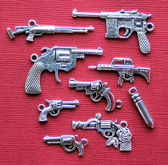 Gun Charm Collection Antique Silver Tone 9 Different Charms