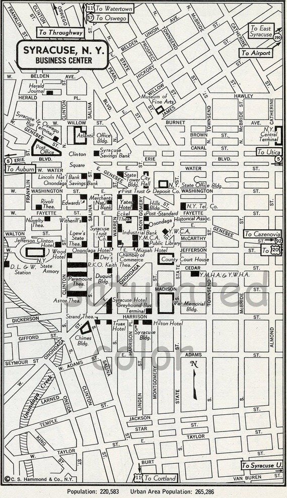 Syracuse New York NY Map Vintage 1950s Original Heart of