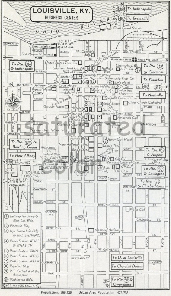 Louisville KY Kentucky map Vintage 1950s Original Heart of