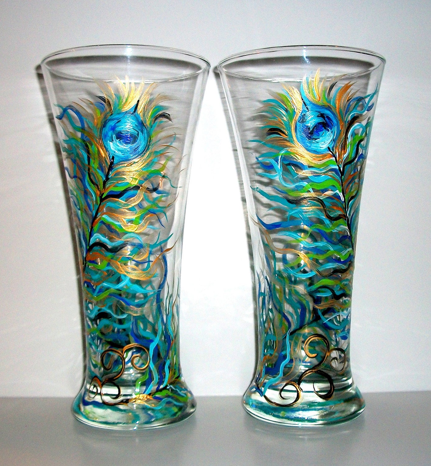 Hand Painted Peacock Feather Beer Glasses By Sharonscustomartwork