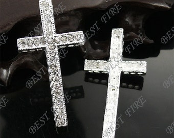 2pcs of 24x47mm silver tone Sideways Cross Rhinestone Connector,Cross Bracelet Connector,bangle findings