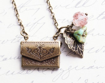 Envelope Locket Necklace Tiny Purse Pendant Pale Pink Rose Glass Turquoise Flower Secret Hiding Places Antique Brass Nature Charms