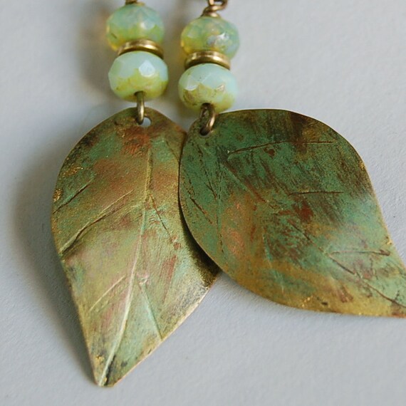 Pistachio Leaf and Glass Earrings