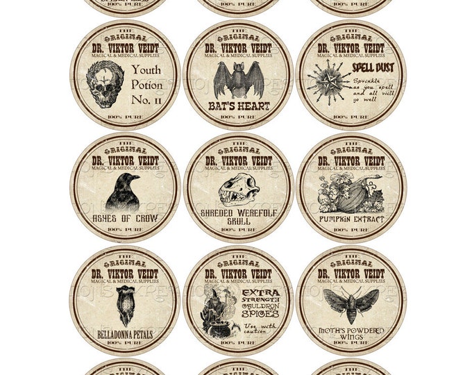 Antique Potion Labels, Apothecary in 1 inch circles - Digital Collage Sheet - Halloween Lables