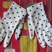 Cute vintage 50's white nylon embroidered navy blue polka dots gloves