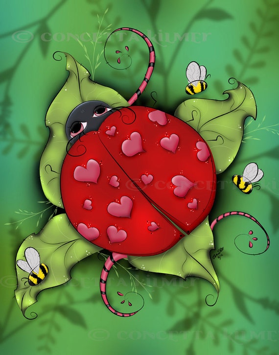 Items similar to Lovebug Ladybug Whimsical Art Open Edition Print