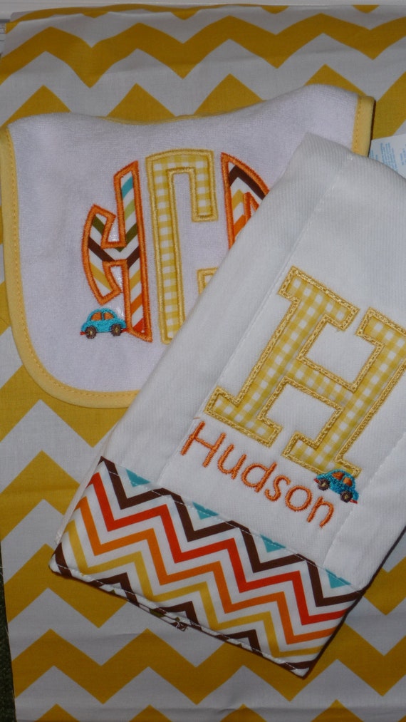 Baby Boys Monogrammed Bib and Burp Cloth with Car