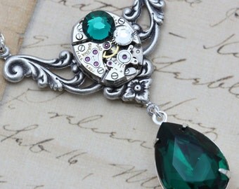 Steampunk Jewelry Emerald Necklace Green Necklace Steam Punk Necklace Vintage Emerald Rhinestone Necklace May Birthstone Necklace Statement