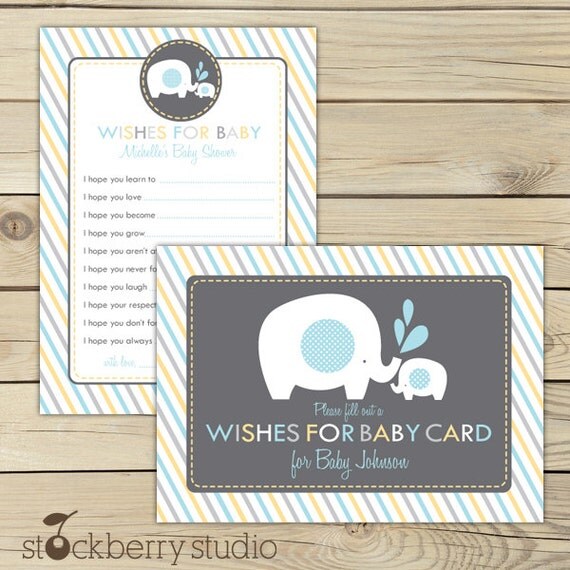 Elephant Wishes For Baby Boy Printable - Advice & Well Wishes For Mom - Elephant Baby Shower - Gray, Light Blue, Yellow Il_570xn